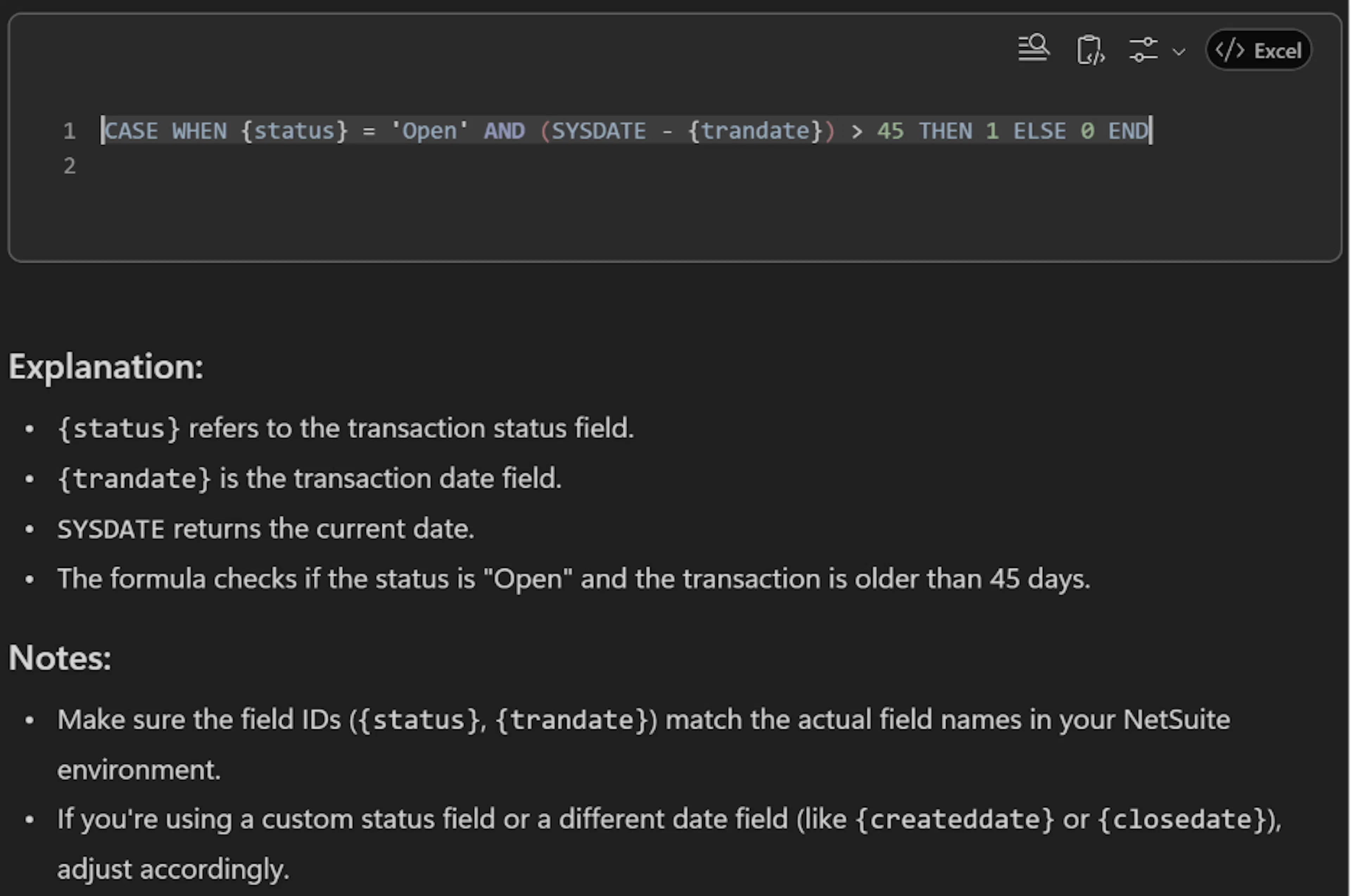 AI translating Excel IF/AND logic into a NetSuite saved search formula, with an explanation
