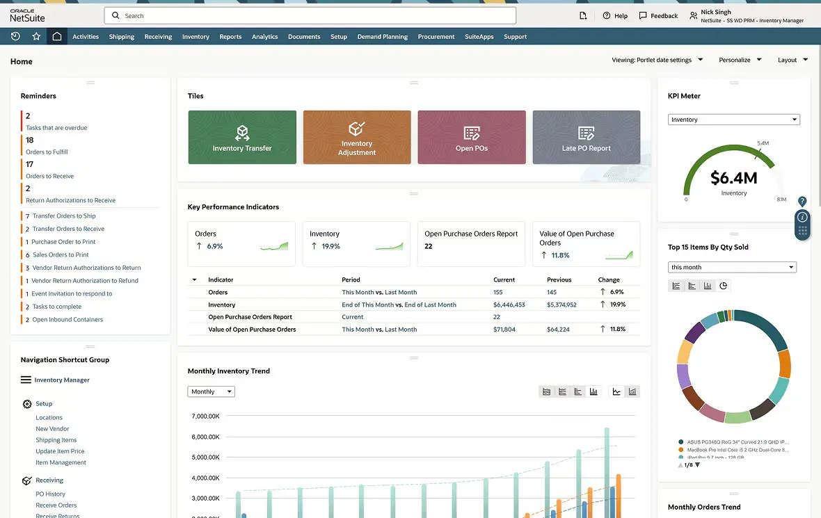 NetSuite inventory manager dashboard with reminders, KPI tiles and a monthly inventory trend