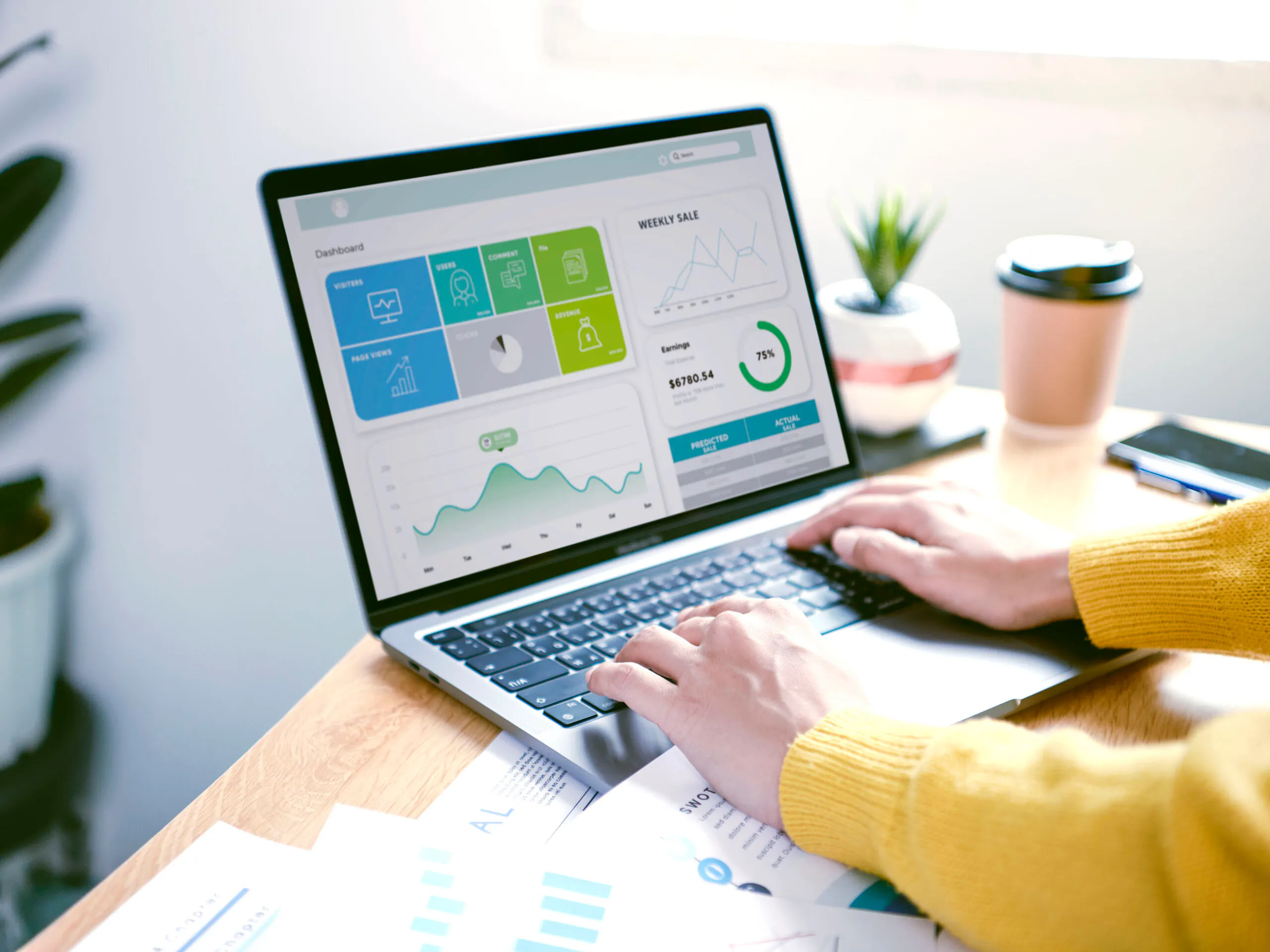 Business team analyzing financial reports at a desk