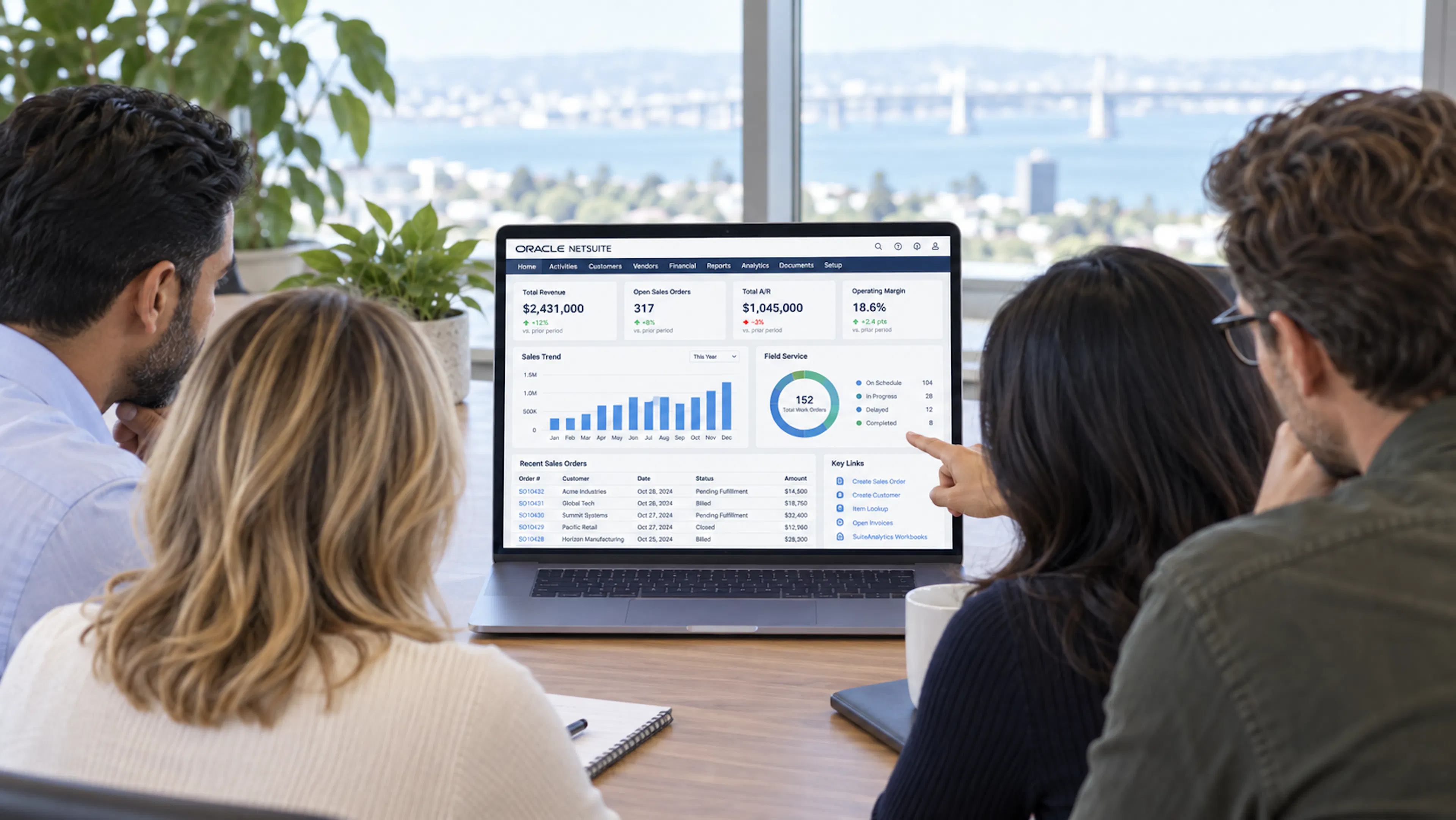 Four coworkers reviewing a NetSuite dashboard of revenue, sales orders, and field service status on a laptop