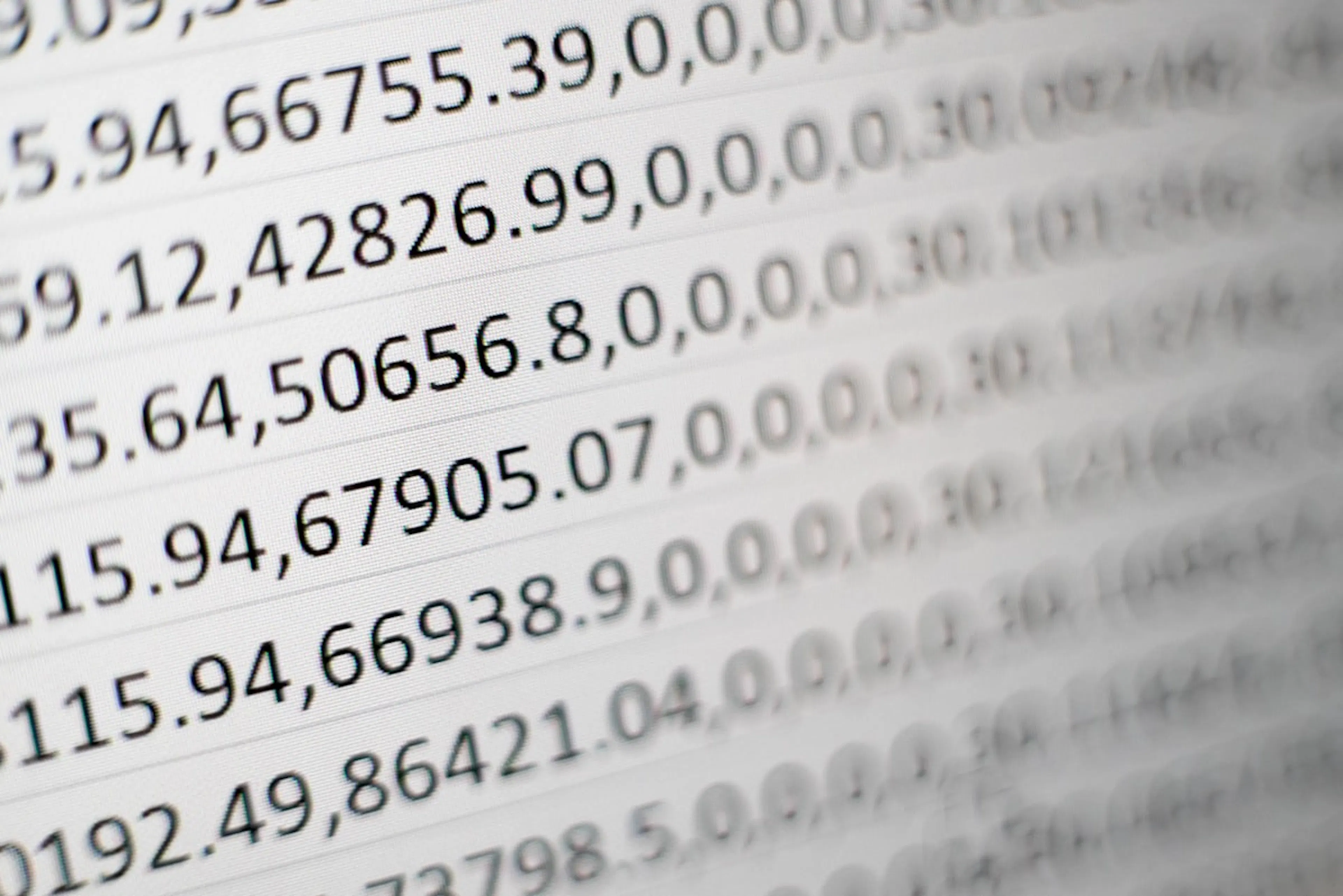 Close-up of a screen filled with rows of comma-separated numbers