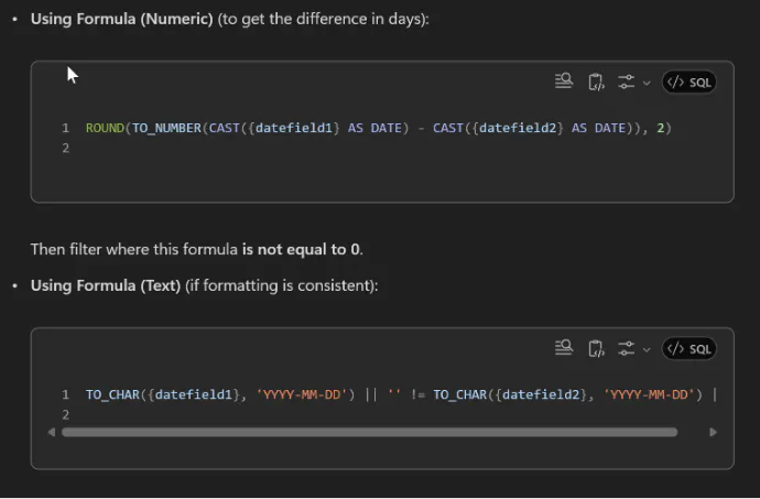 AI response showing numeric and text formula variants for comparing two NetSuite date fields