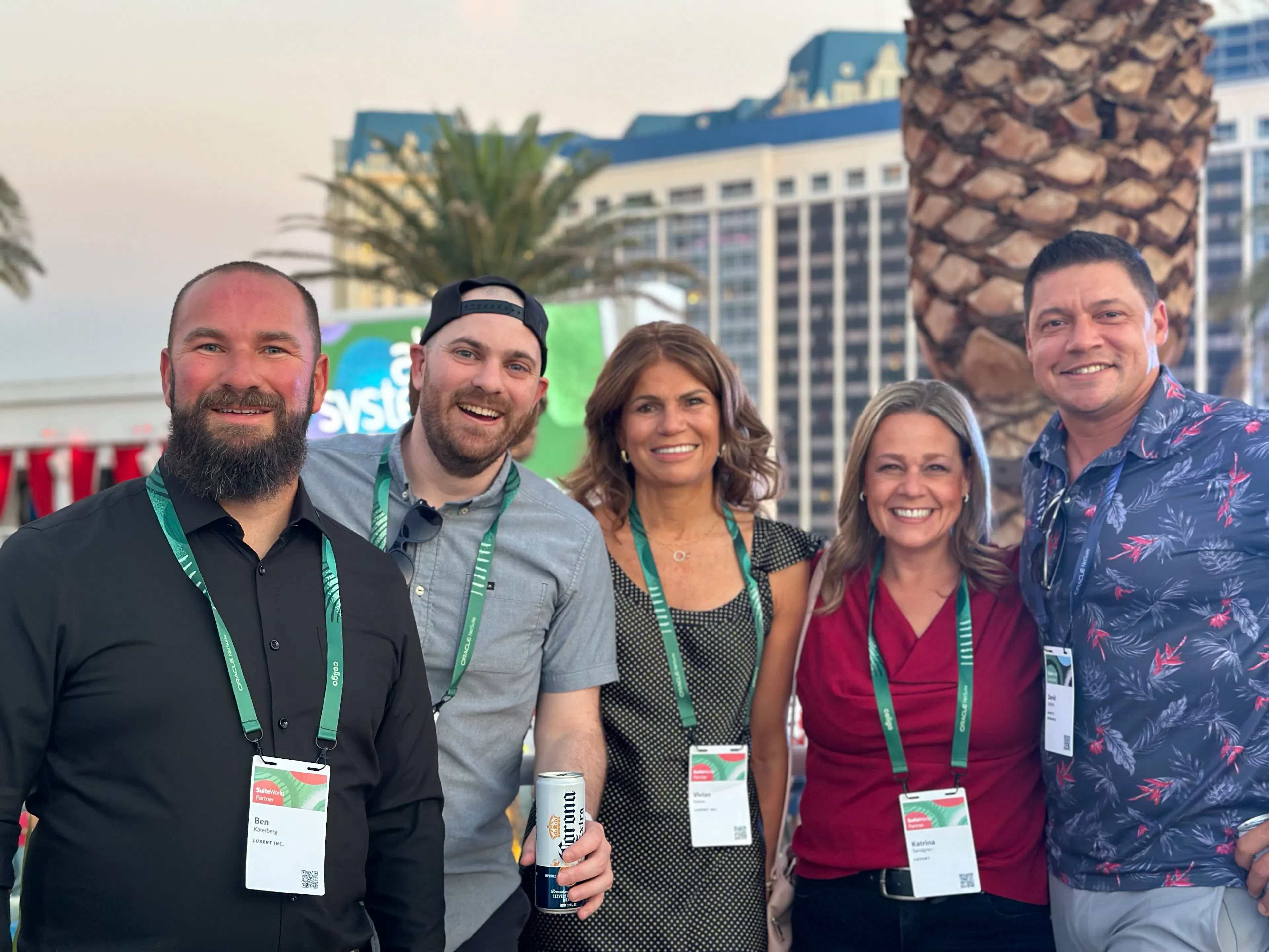 Luxent team members and partners at an outdoor SuiteWorld evening reception