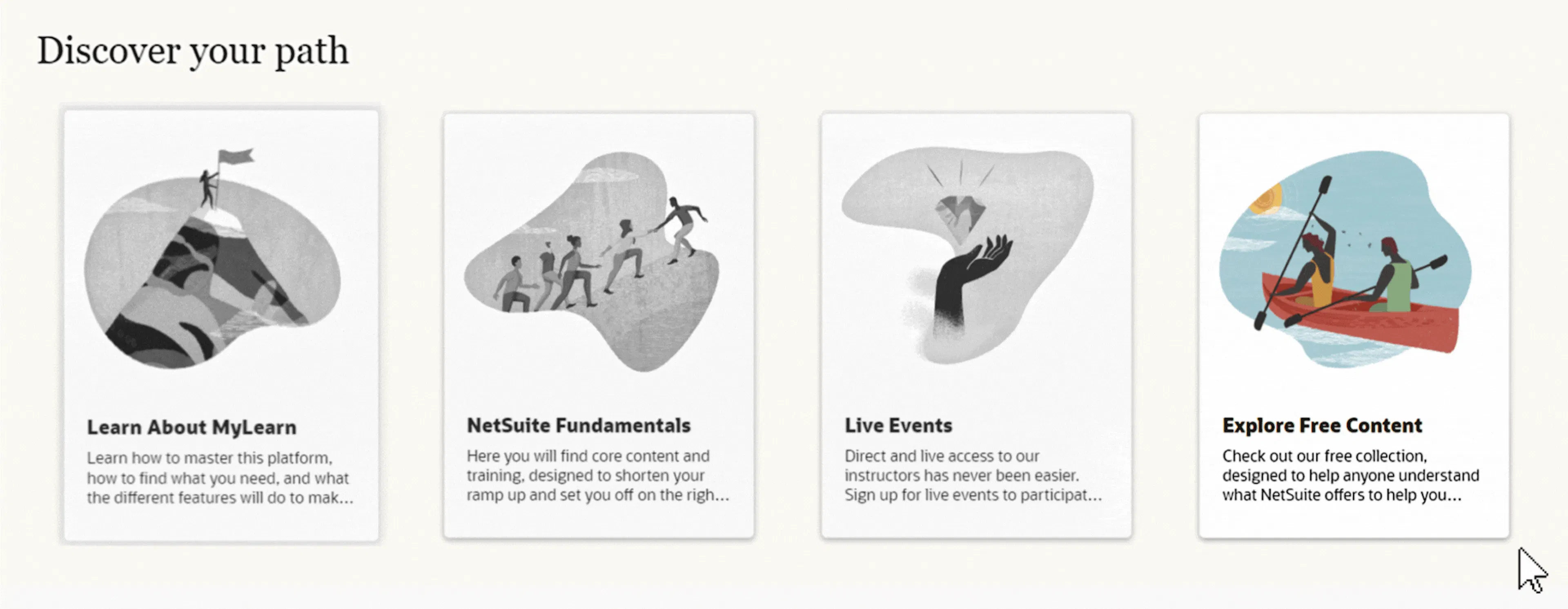 Clicking Explore Free Content in the Discover Your Path section of NetSuite MyLearn
