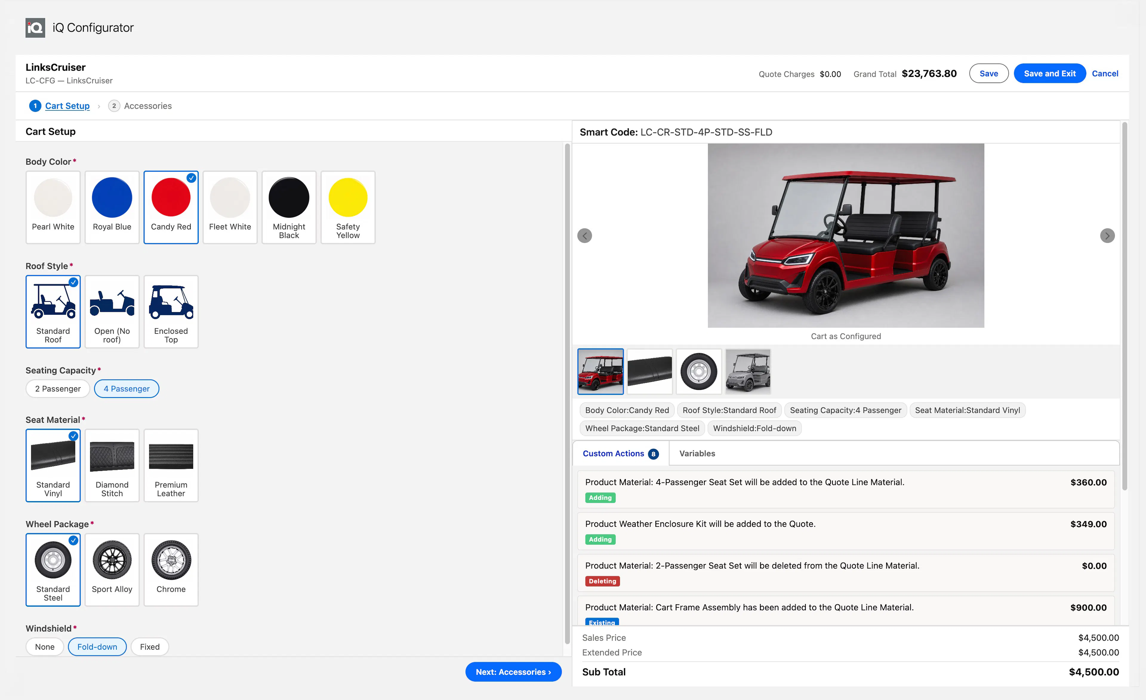 iQ CPQ product configurator with color and option swatches for a vehicle build
