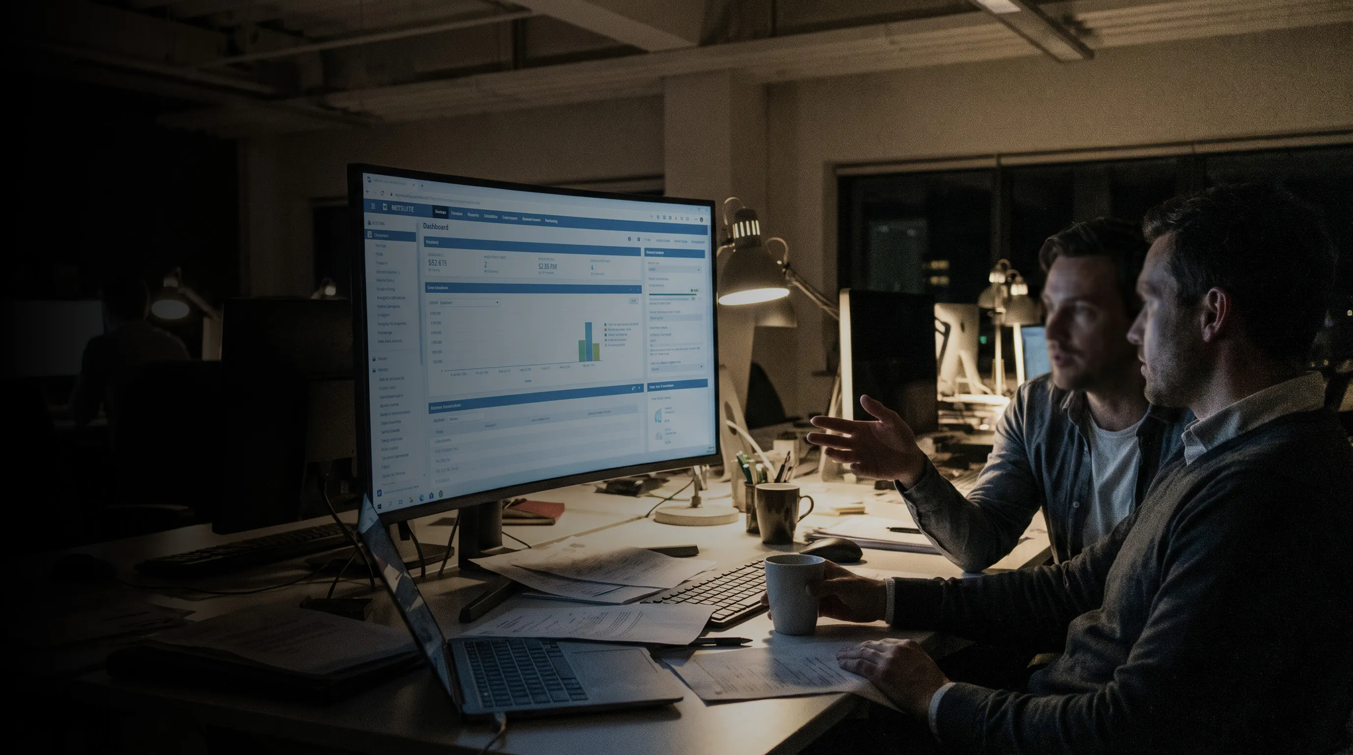 NetSuite consultants working at monitors in a darkened office