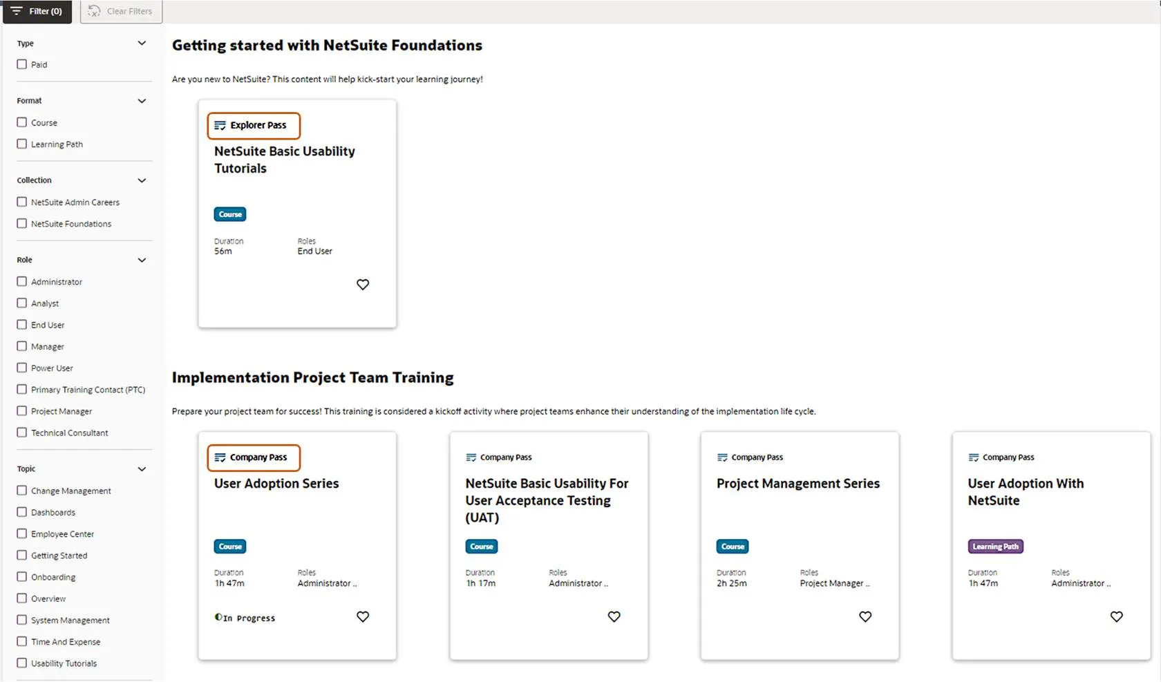 NetSuite MyLearn search results showing the Explorer Pass label on each tile