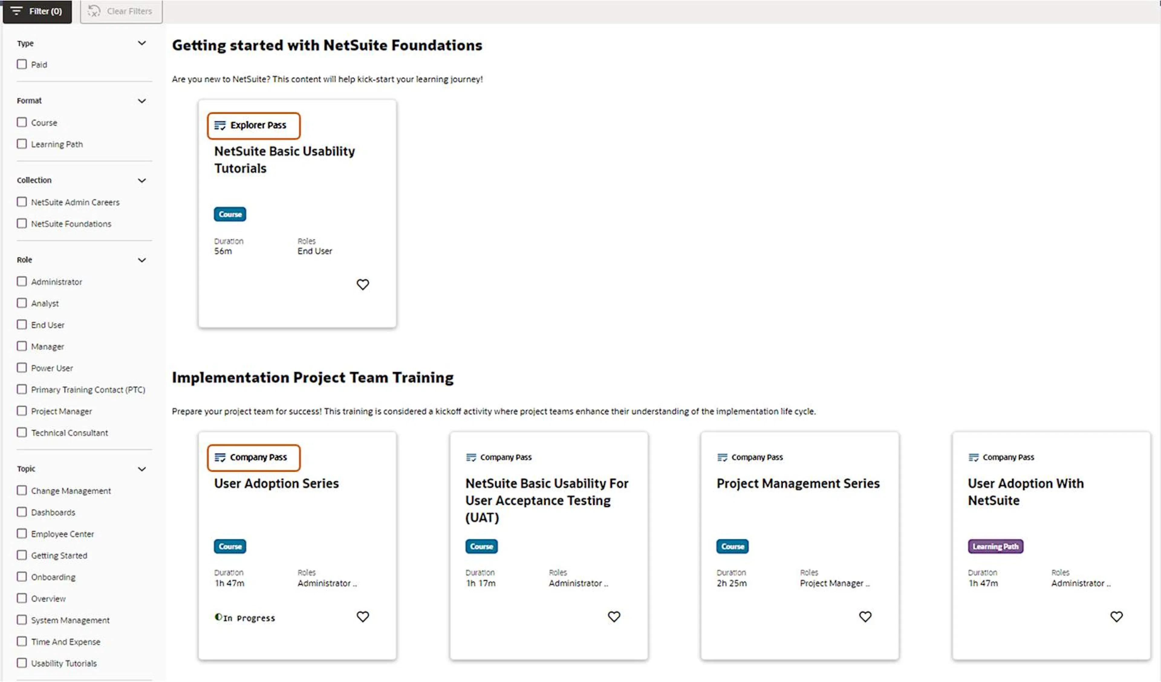 NetSuite MyLearn search results showing the Explorer Pass label on each tile