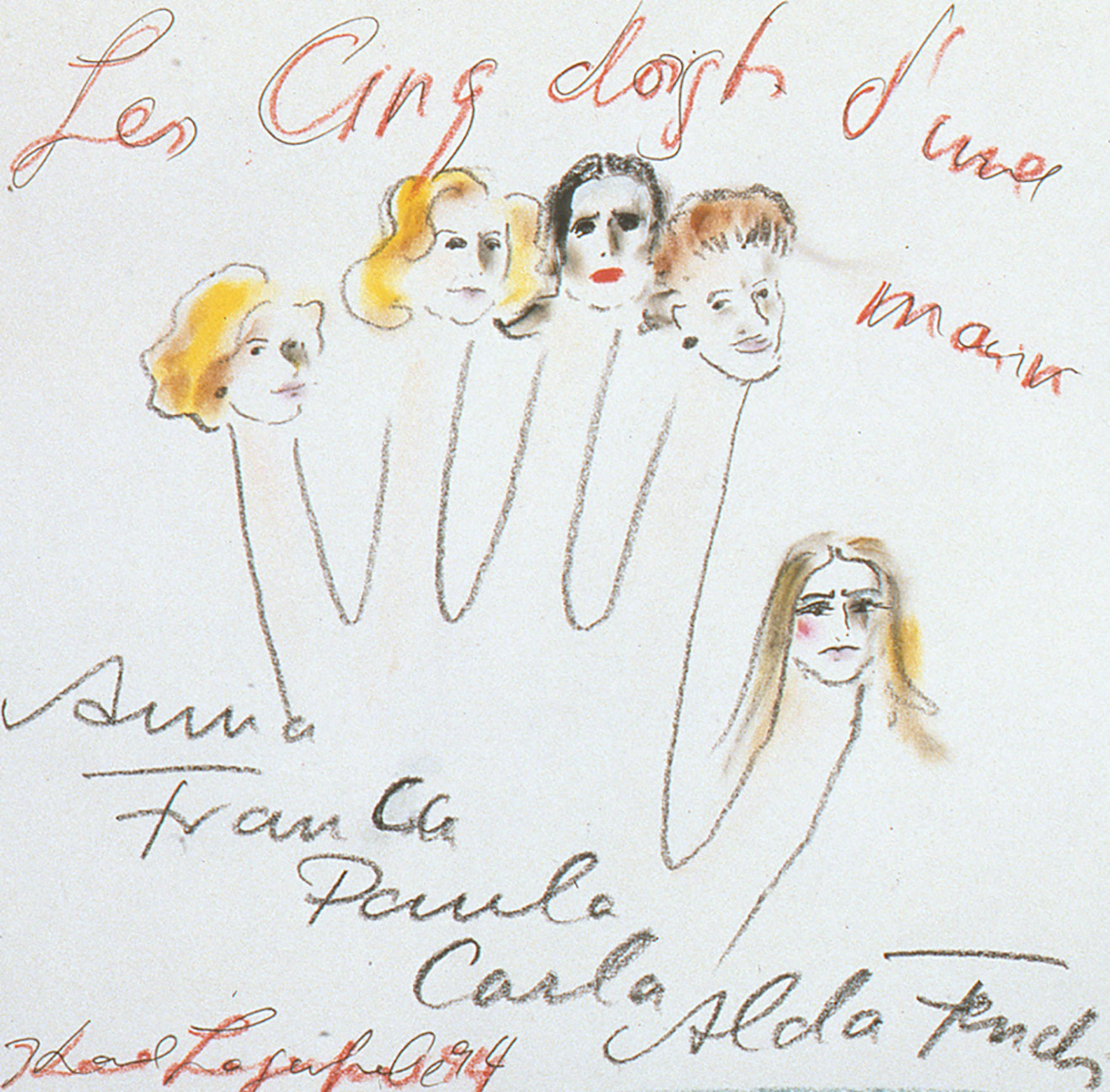 The five Fendi sisters sketched by Karl Lagerfeld as the 5 fingers of a hand © Courtesy of Fendi
