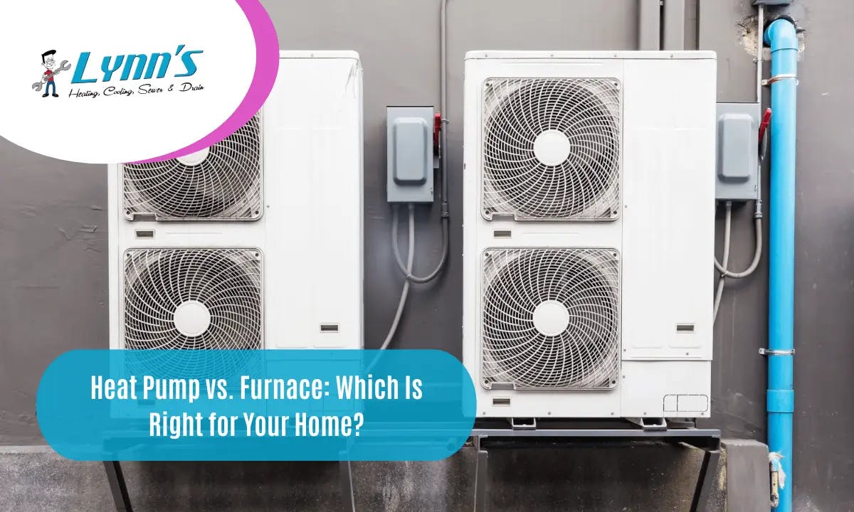 Two heat pump outdoor units with text comparing heat pumps vs furnaces.