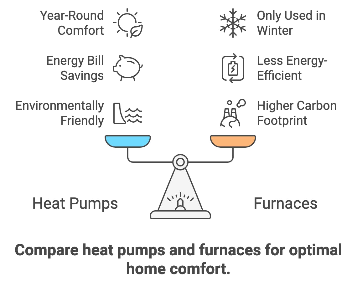 Balance scale comparing heat pumps vs furnaces, showing heat pumps offer year-round comfort, energy savings, and eco-friendliness, while furnaces are winter-only, less efficient, with higher carbon footprint.