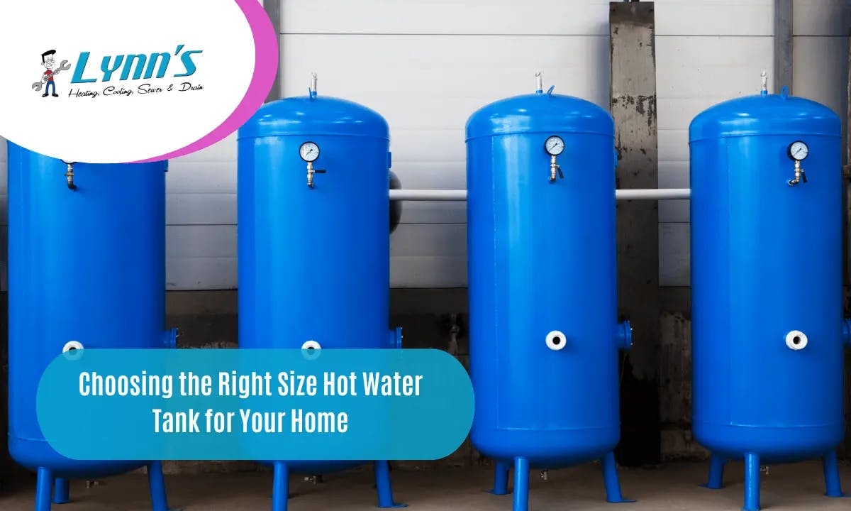 Row of four blue hot water tanks with pressure gauges and text about choosing the right tank size.