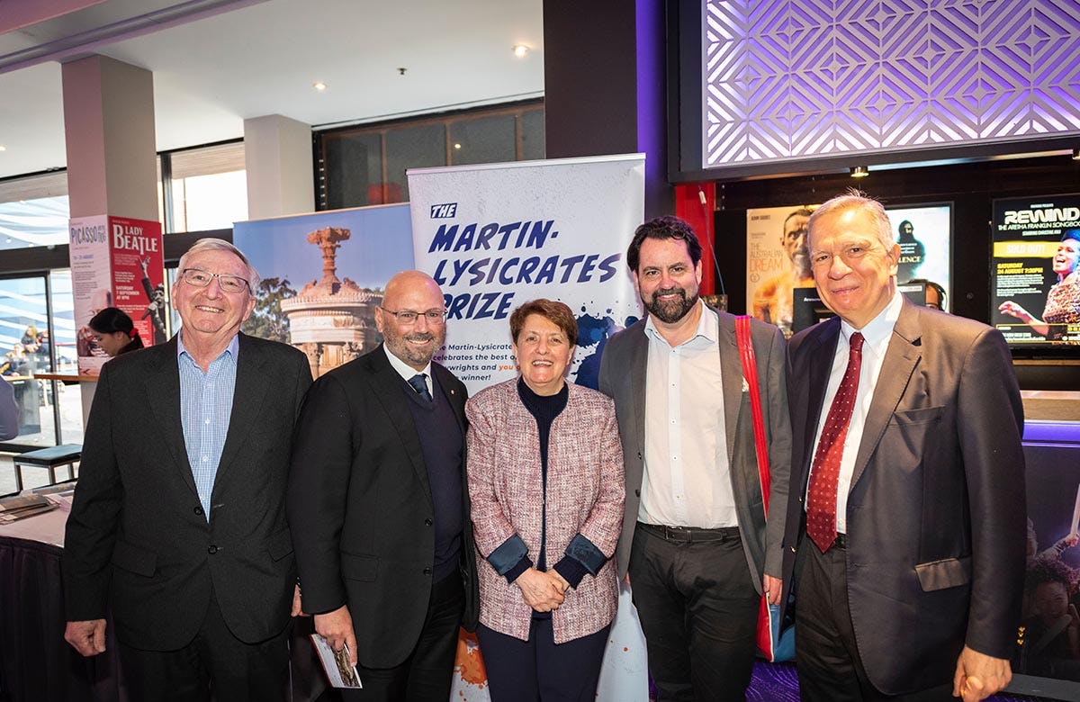 Martin Lysicrates Playwright  Prize 2019 Michael Bark, Arthur Sinodinos, Patrica Azarias, Nick Kipriotus, John Azarias