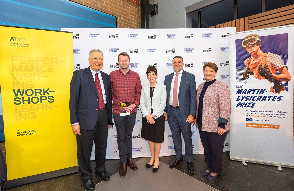 Martin Lysicrates Playwright Prize 2019 John Azarias, Brendan Hogan, Linda Hurley, Jonathan Llewellyn, Patricia Azarias