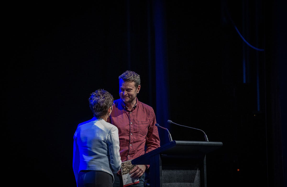Martin Lysicrates Playwright Prize 2019 Winning playwright Brendan Hogan with Linda Hurley