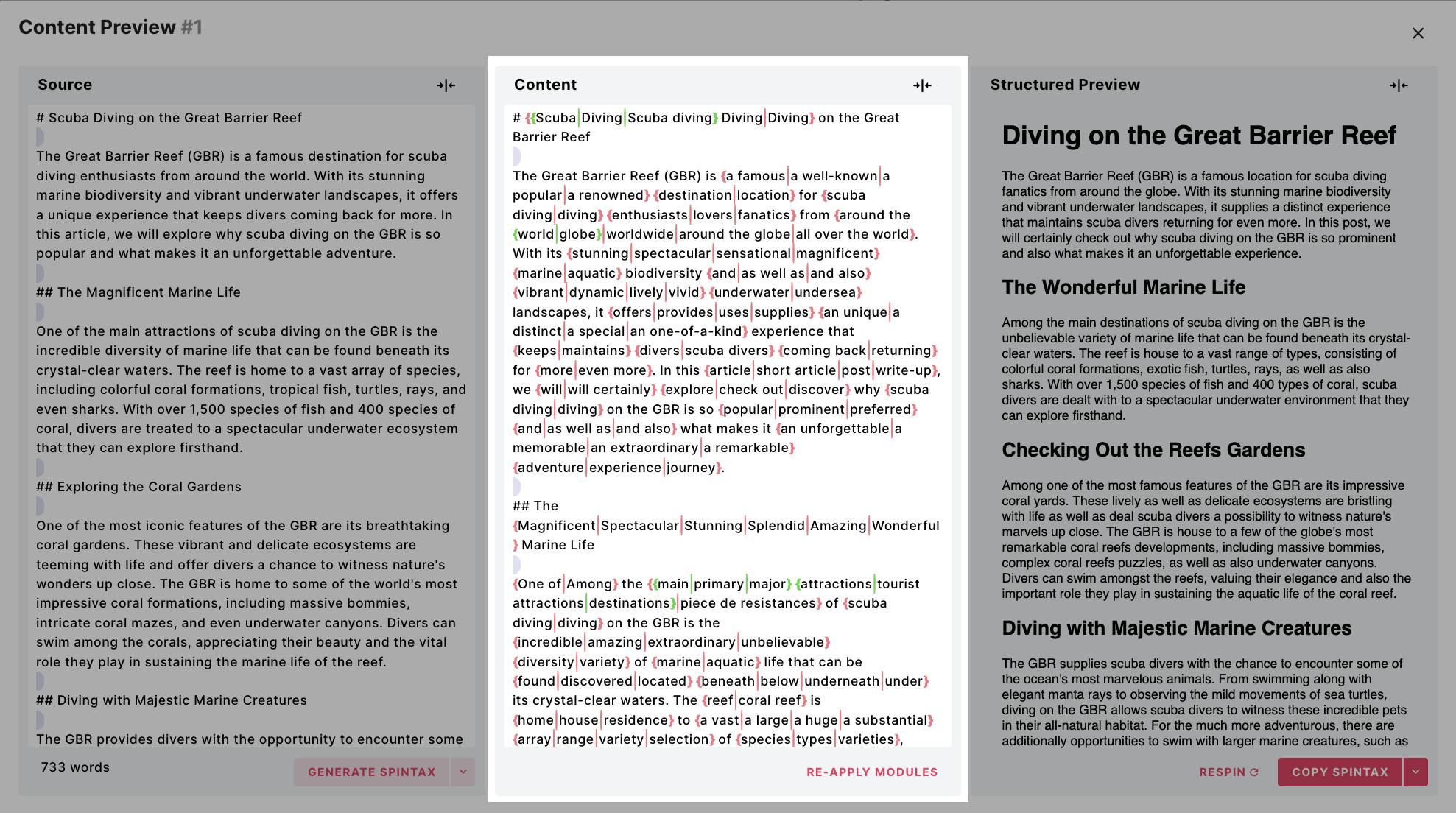 Preview window highlighting the Content (Spintax) section