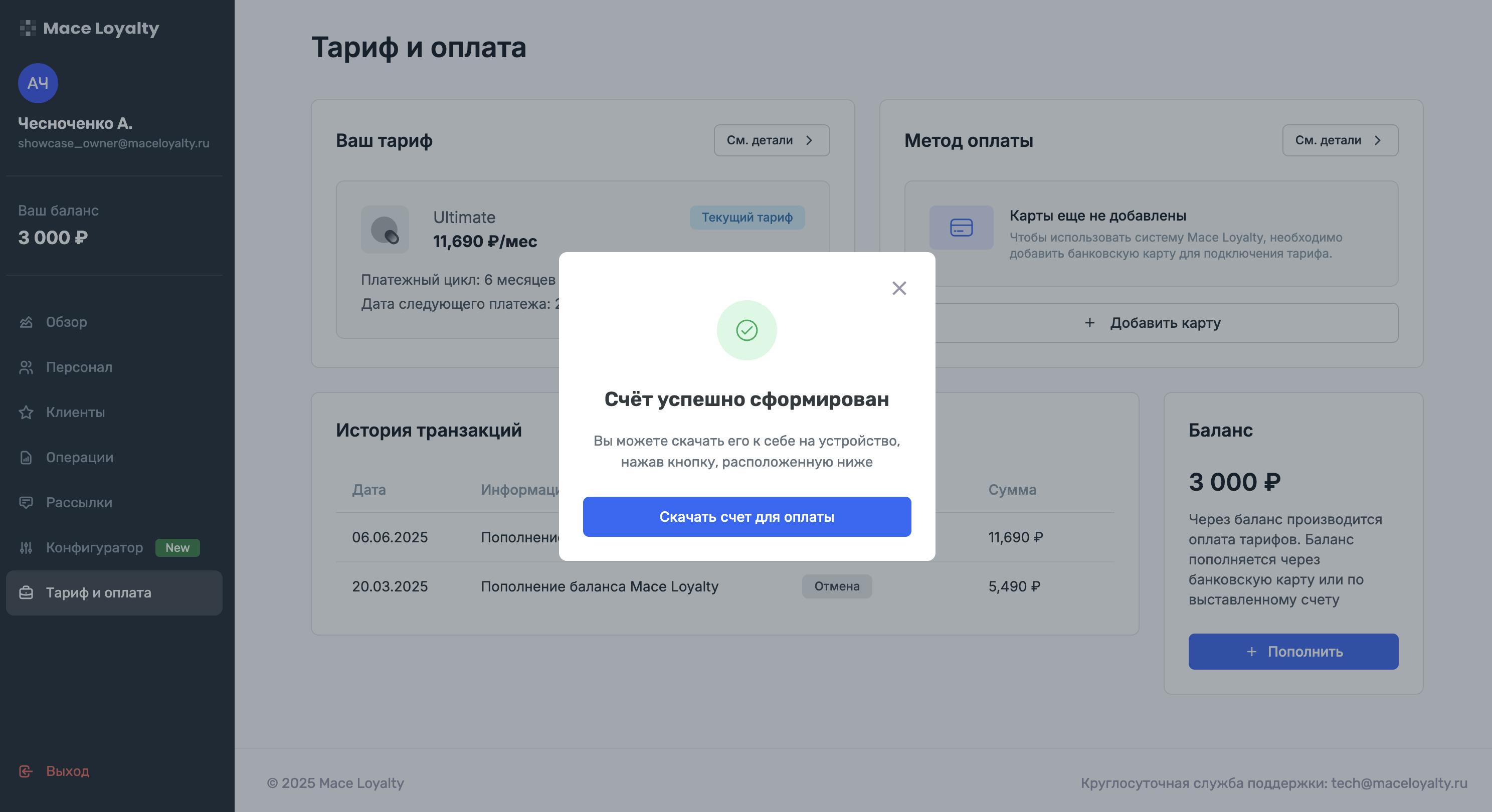 Выставленный счет за оплату системы в личном кабинете