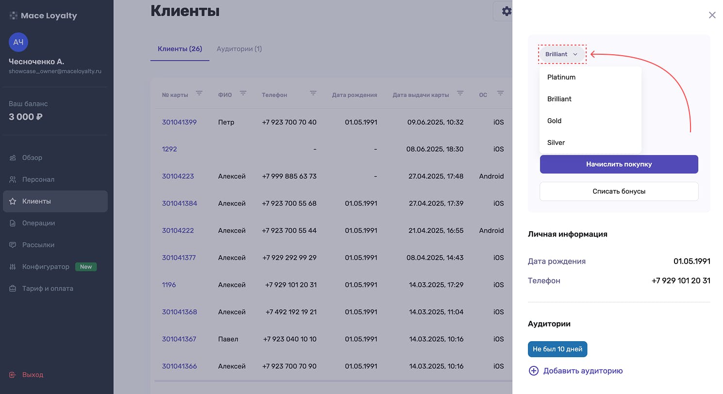 Редактирования уровня карты лояльности в личном кабинете Mace Loyalty