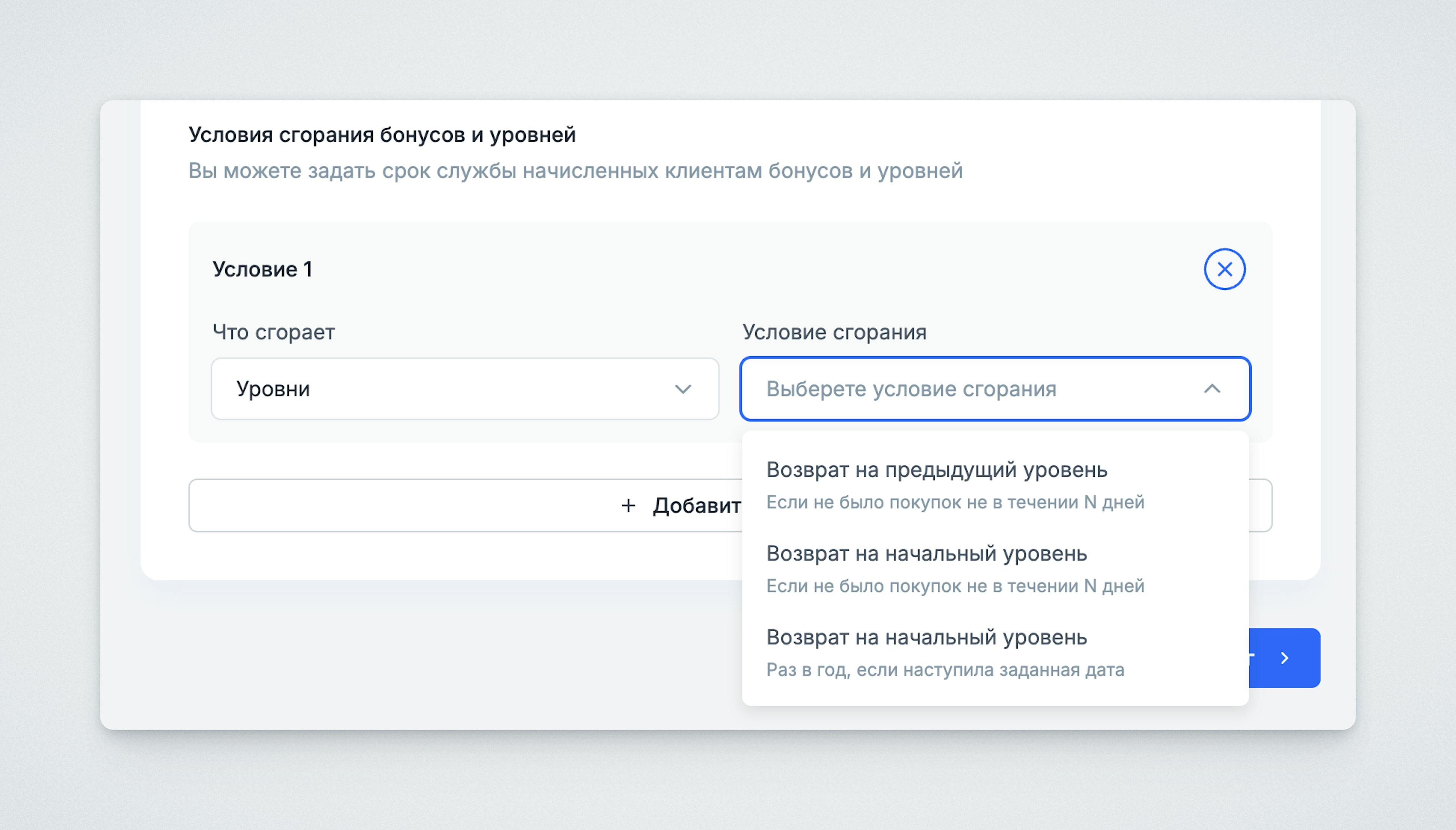 Настройка сгорания уровней в системе лояльности