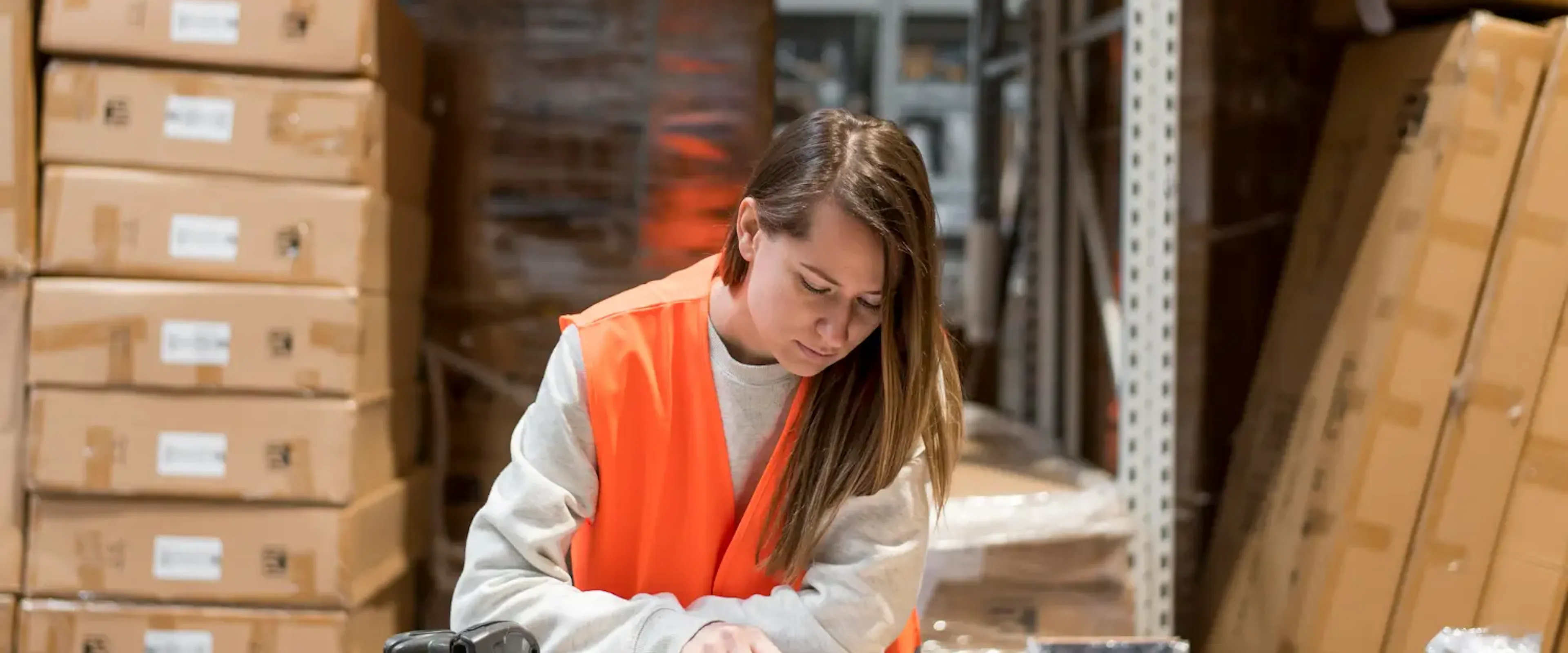 Woman at table in warehouse