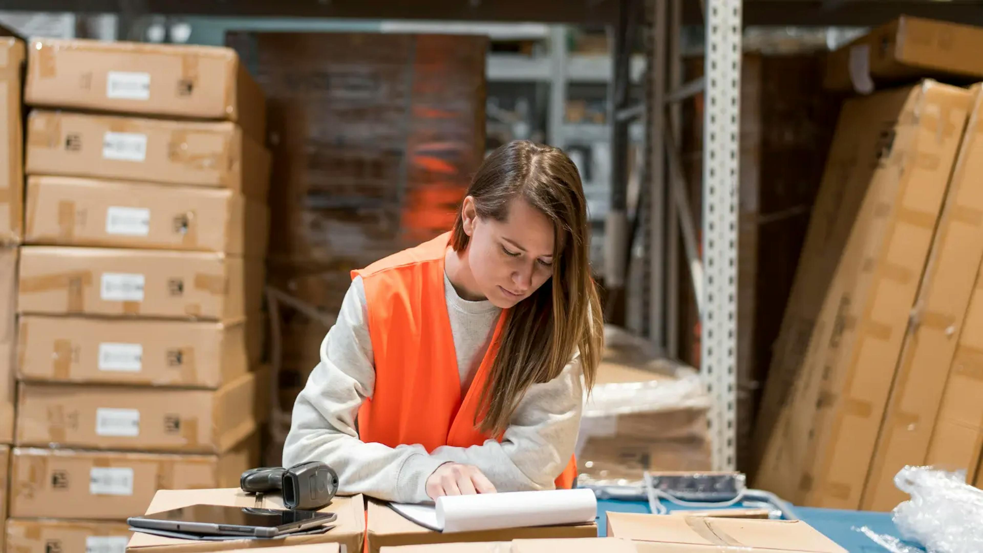 Woman at table in warehouse