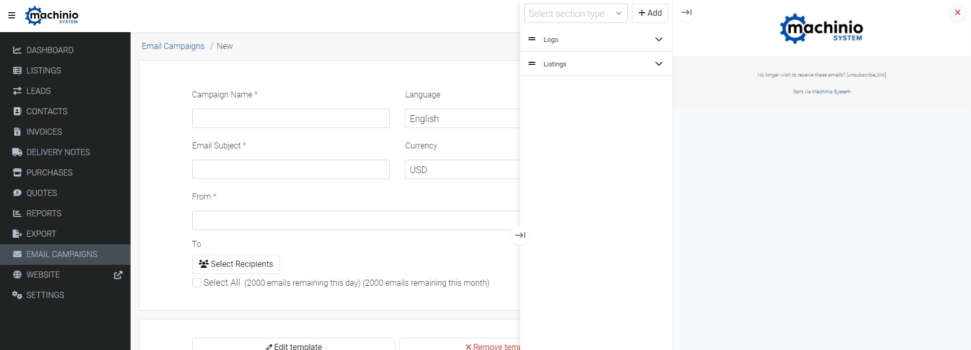 Email customization panel