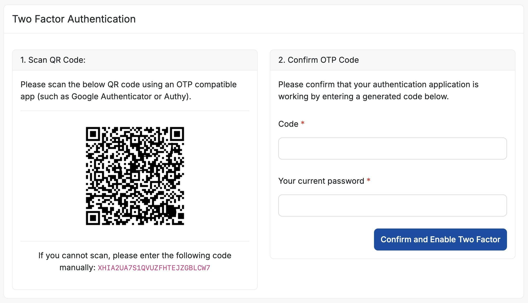 2FA Setup interface with QR code