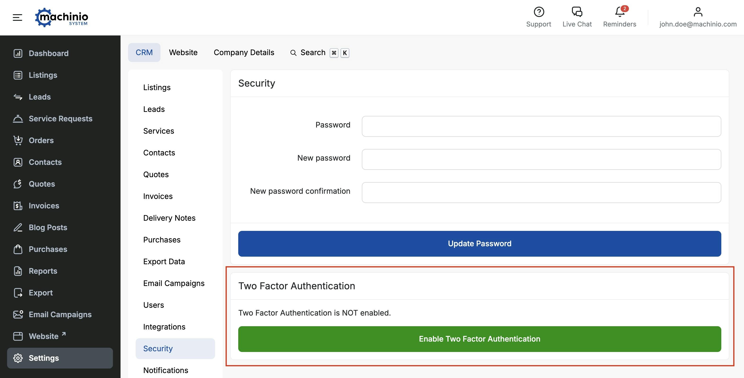 2FA settings interface in Machinio System