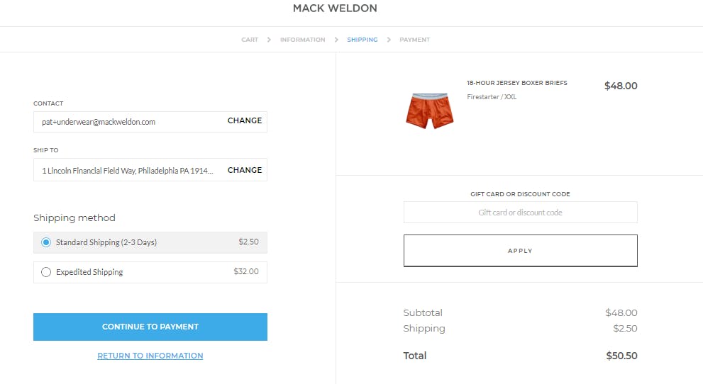 Screenshot of Mack Weldon checkout window indicating displaying shipping method