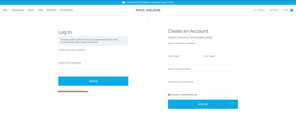 Screenshot of Mack Weldon homepage underlining Forgot Your Password in red