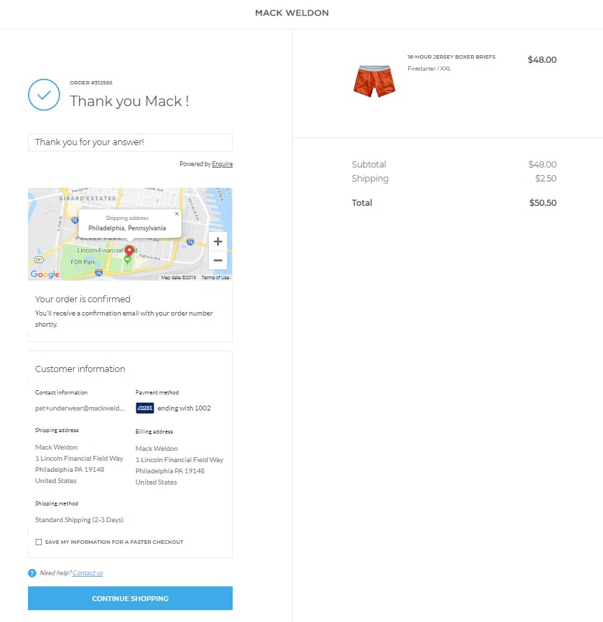 Screenshot of Mack Weldon checkout page displaying order confirmation page