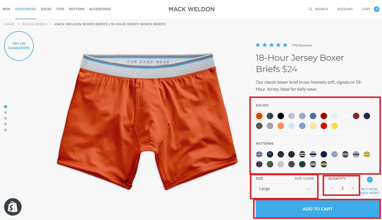 Screenshot of Mack Weldon product page, outlining "Colors", "Size" "Quantity" and "Add to Cart" with red boxes.