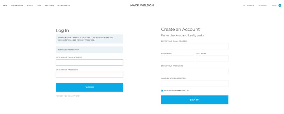 Screenshot of Mack Weldon login page outlining password boxes in red