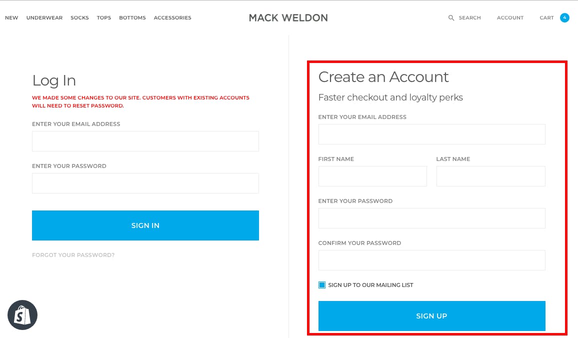 Screenshot of the Mack Weldon Login page, highlighting the "Create an Account" section in red