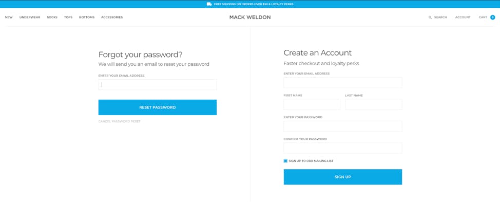 Screenshot of Mack Weldon login page 