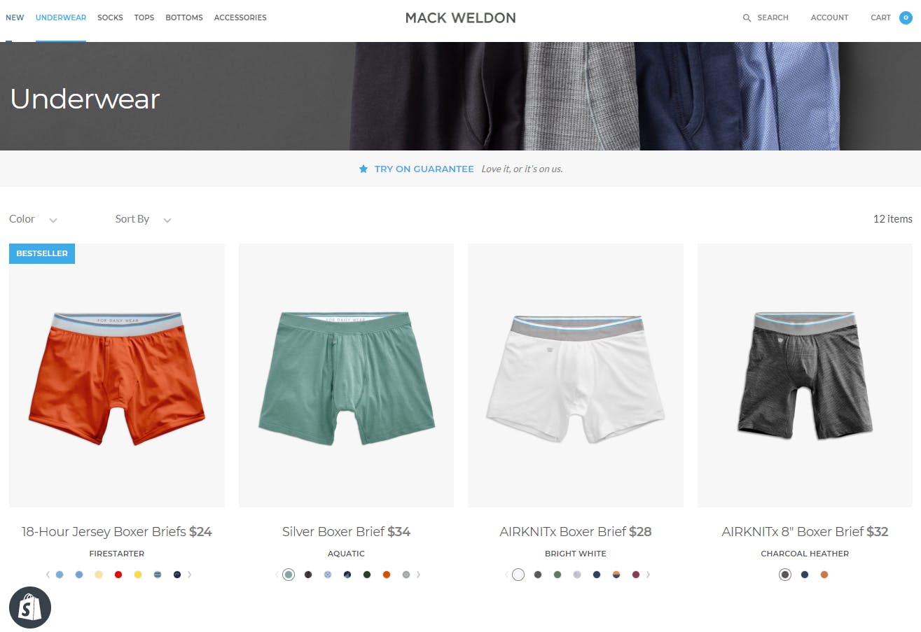 Screenshot of Mack Weldon underwear collection page