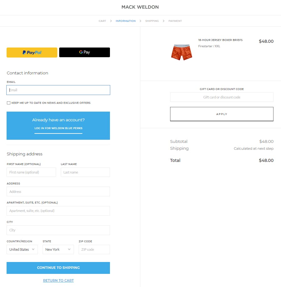 Screenshot of Mack Weldon checkout window displaying payment options