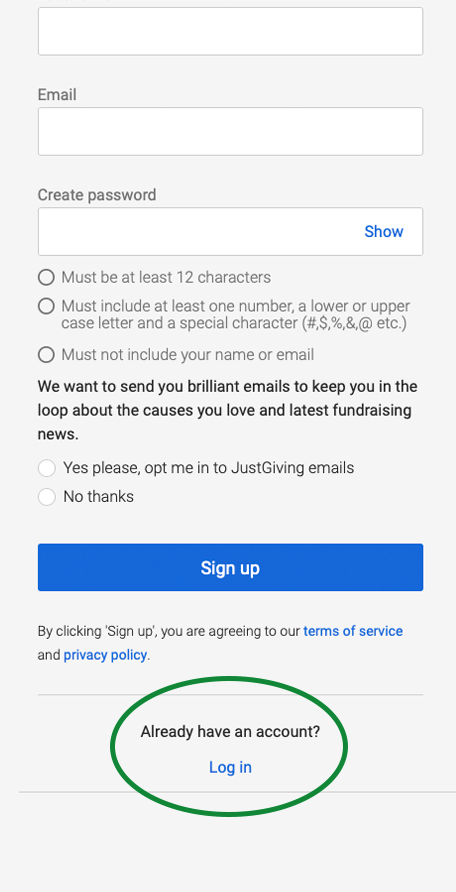 JustGiving sign up form, with Login link highlighted
