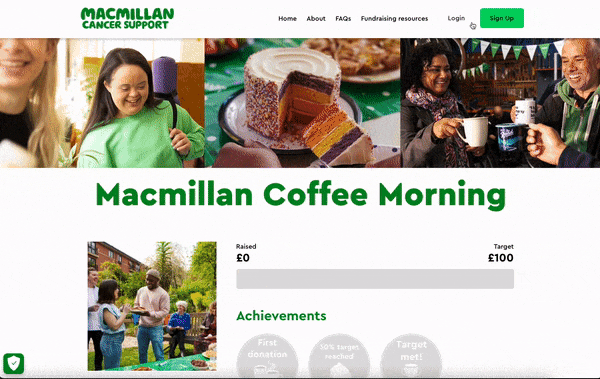 Animated image, showing logging into JustGiving to connect a Macmillan Coffee Morning fundraising page. 