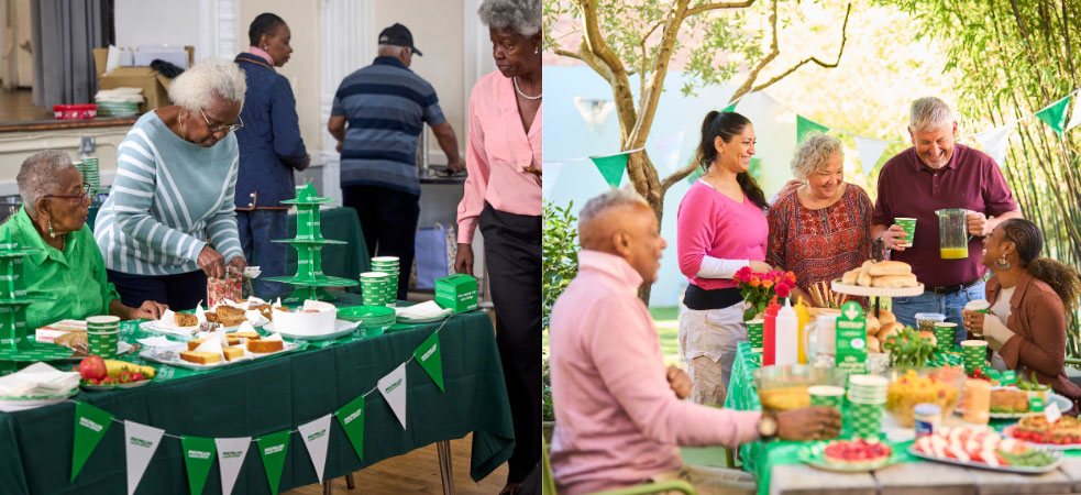 People gathered around green‑themed tables sharing cakes, drinks and fruit at a Macmillan Coffee Morning, with bunting and charity branding creating a warm, community fundraising atmosphere.