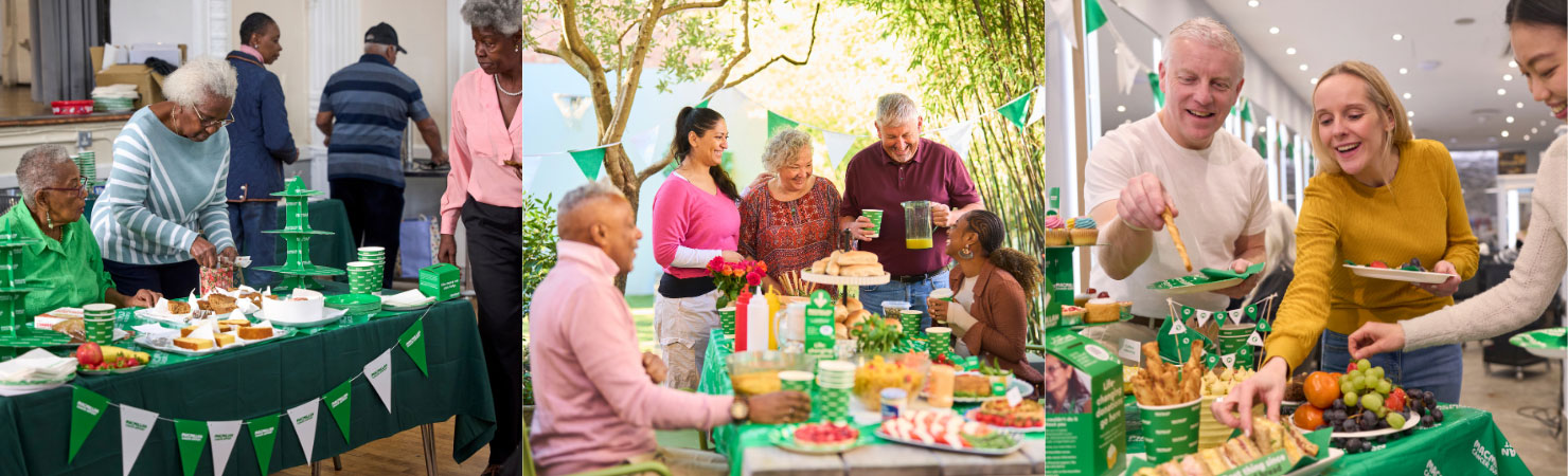 People gathered around green‑themed tables sharing cakes, drinks and fruit at a Macmillan Coffee Morning, with bunting and charity branding creating a warm, community fundraising atmosphere.
