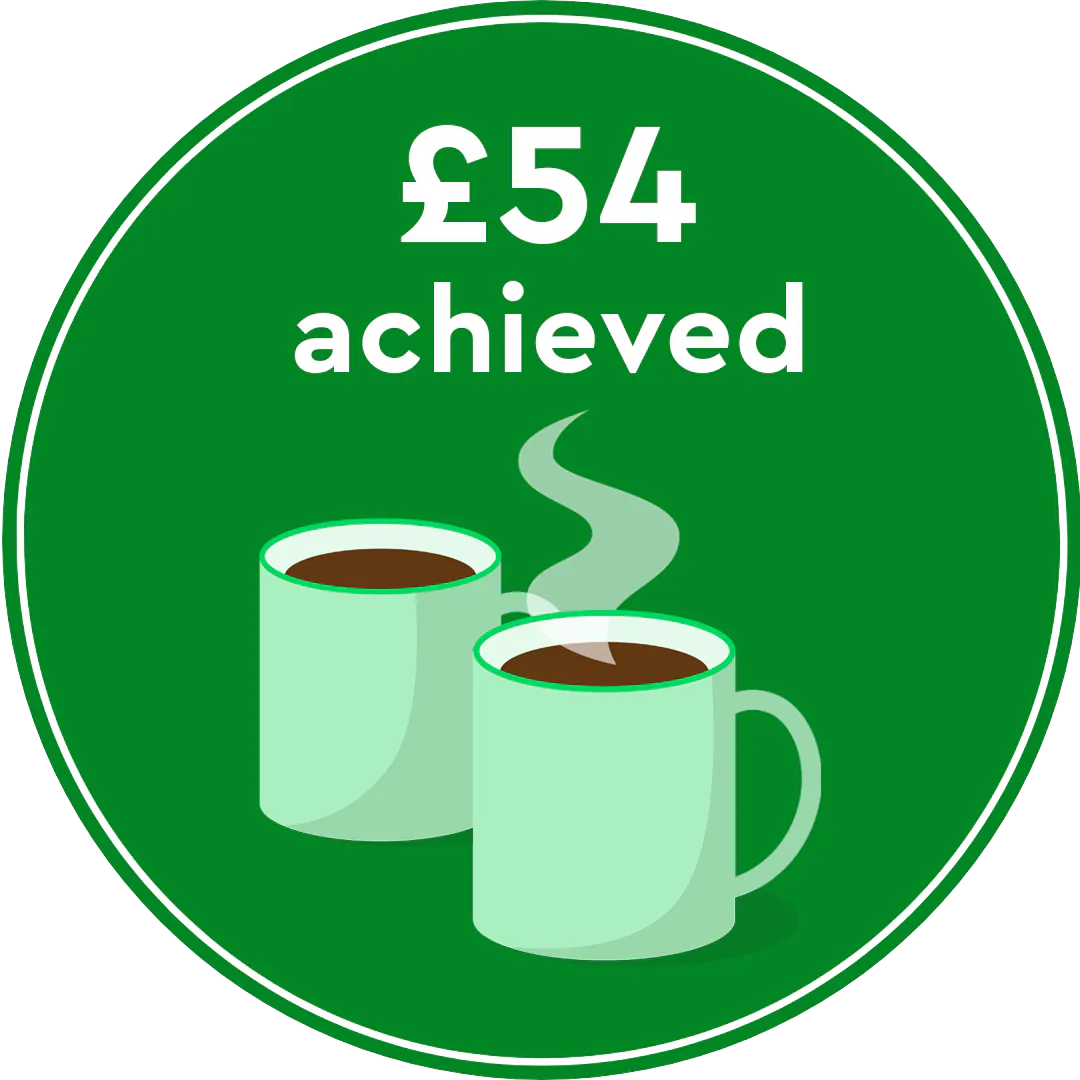 Achieved - £54 raised - illustration of two coffee mugs with steam flowing up