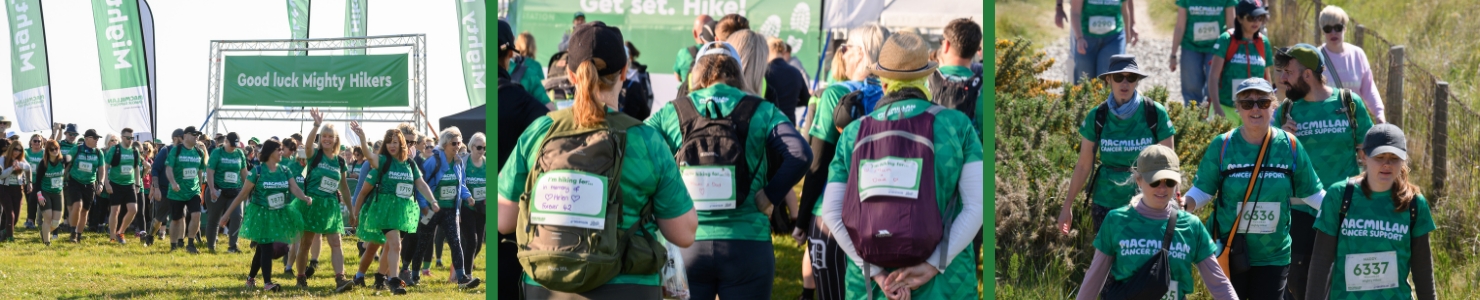 Three different images depicting Mighty Hikers. The first image is a group of hikers setting off on their Mighty Hike. The second image shows hikers wearing motivation bibs. The third image shows a group of hikers during their hike.
