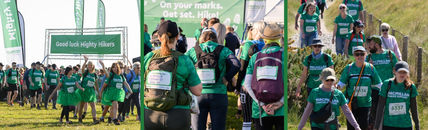 Three different images depicting Mighty Hikers. The first image is a group of hikers setting off on their Mighty Hike. The second image shows hikers wearing motivation bibs. The third image shows a group of hikers during their hike.