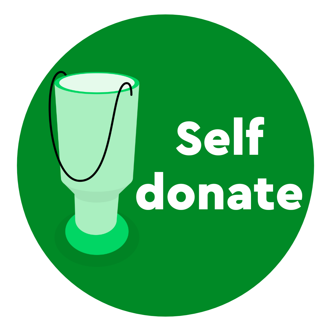 Circular badge that reads Self donate.   There is a graphic of a fundraising tin next to the words.    This will appear as grey scale until a self-donation has been made.    It will then light up as a green background with white writing and a light green tin with a black sting handle. 