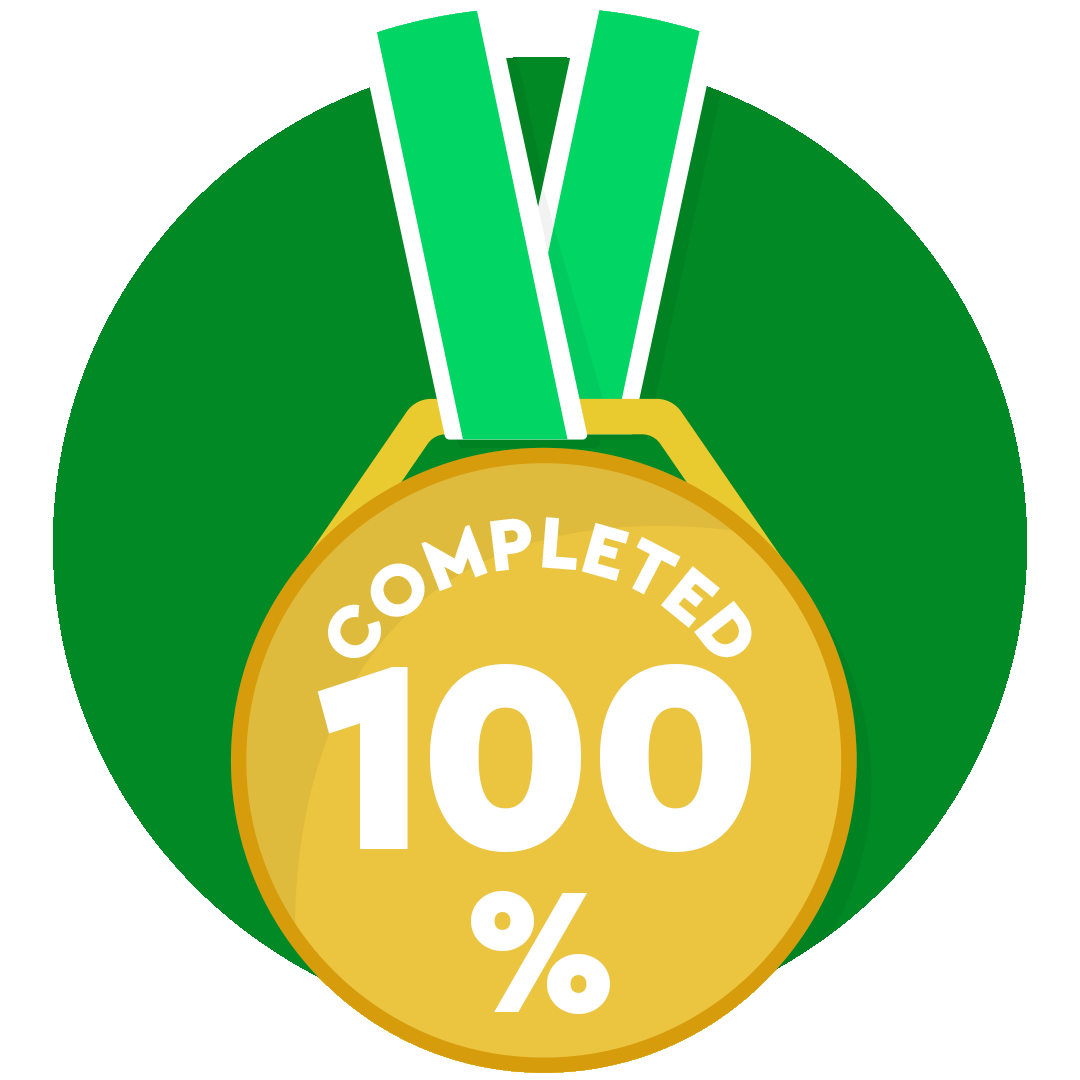 Circular badge that reads completed 100%.   There is a graphic of a medal with the text in the middle.    This will appear as grey scale until 100% of the distance target has been met.   It will then light up as a green background, the medal is yellow with a dark green ribbon and the text is in white. 