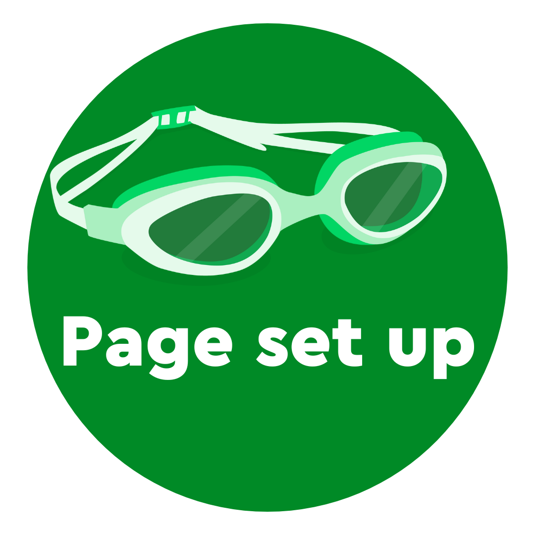 Circular badge that reads Page set up.    There are a pair cartoon googles and the badge will light up from grey to a green background once the page is set up. 