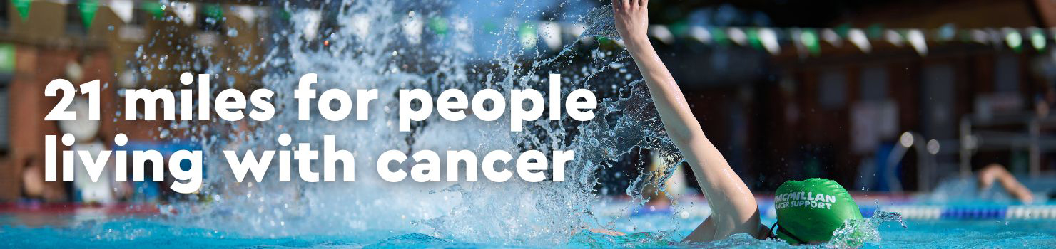 Image of a swimmer with text saying 21 miles for people living with cancer
