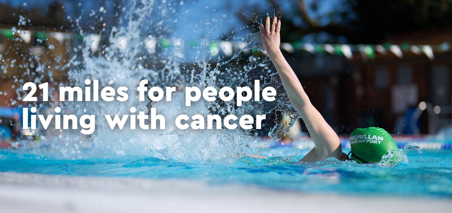Image of a swimmer with text saying 21 miles for people living with cancer