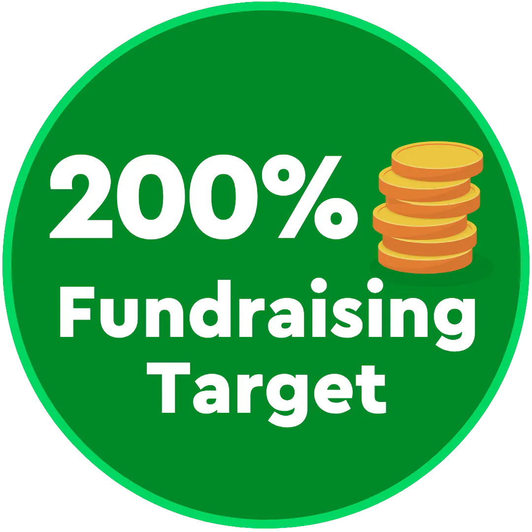 200% of fundraising target badge.